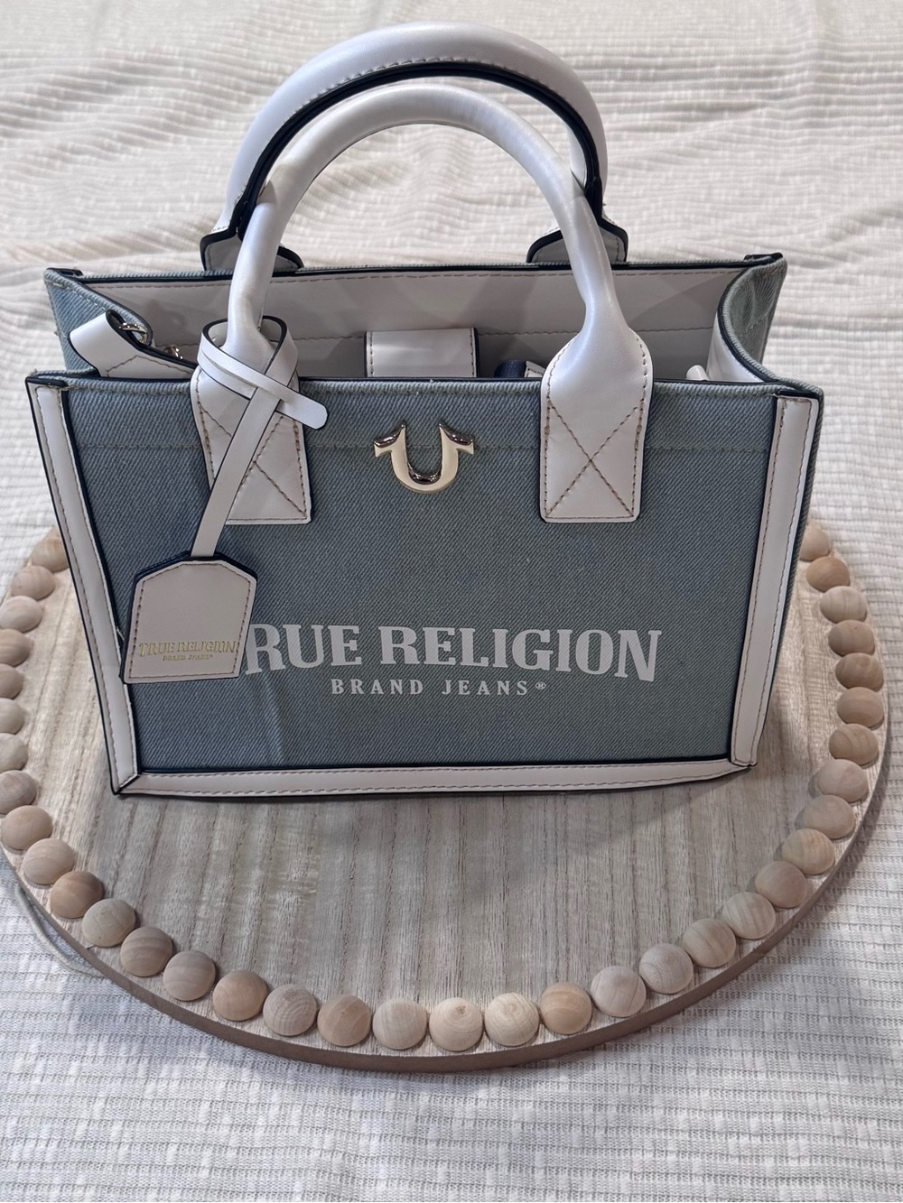 True Religion Mini Satchel Tote Crossbody Bag Blue White Canvas Logo Strap